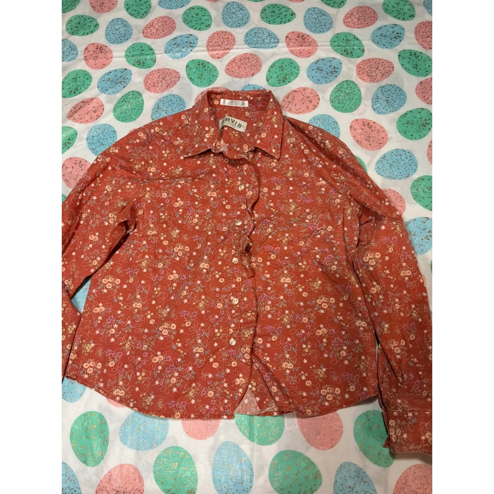 Orvis Womens 14 Orange Floral Ruffle Front Wrinkle Free Cotton Button Down Shirt